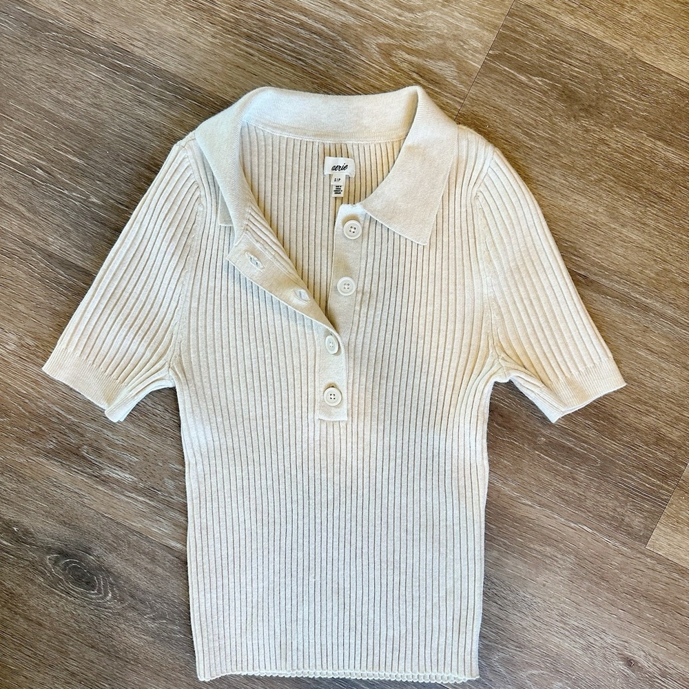 Aerie Cream Ribbed Polo Shirt